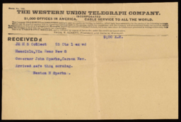 Telegram to John Sparks from Benton H. Sparks