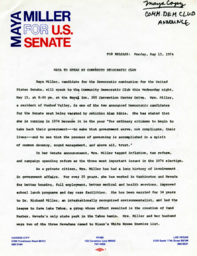 Press release regarding Maya Miller's campaign speech, May 13, 1974
