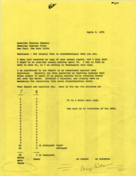 Letter written by Maya Miller to the American Express Company, April 9, 1974