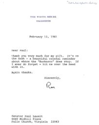 Correspondence from Ronald Reagan to Paul Laxalt, February 1981
