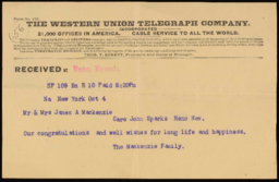 Telegram to Mr. and Mrs. James A. Mackenzie from the Mackenzie family 