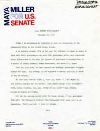 U.S. Senate Announcement by Maya Miller, February 19, 1974