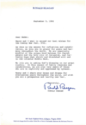 Correspondence from Ronald Reagan to a Rabbi, September 1980