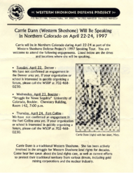 Western Shoshone Defense Project Newsletter, "Carrie Dann Will Be Speaking In Northern Colorado on April 22-24, 1997"