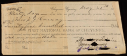 Receipts from the First National Bank of Cheyenne and bylaws for the Cheyenne Club
