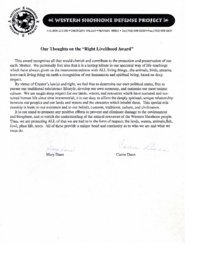 Western Shoshone Defense Project Newsletter, "Our Thoughts on the Right Livelihood Award," circa 1993