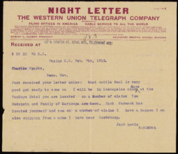 Telegram to Charles M. Sparks from Jack Davis in Steins, New Mexico