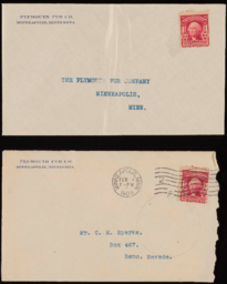 Letter, envelope, and return envelope to Charles M. Sparks from The Plymouth Fur Company
