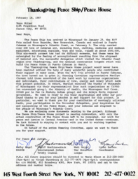 Letter to Maya Miller from the board at Thanksgiving Peace Ship/Peace House, February 18, 1987