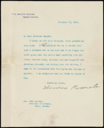 Letter to Governor John Sparks from Theodore Roosevelt