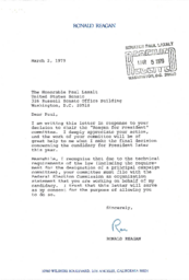 Correspondence from Ronald Reagan to Paul Laxalt, March 1979