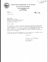 Letter identifying water redevelopments, Caliente Resource Area