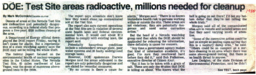 Newspaper clipping, "DOE: Test Site areas radioactive, millions needed for cleanup"