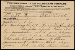 Telegram to John Sparks from Theodore Roosevelt