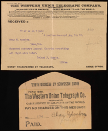 Telegram and envelope to Charles M. Sparks from Leland J. Sparks