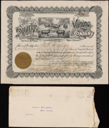 Stock certificate and envelope, Sparks Mining Company