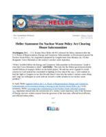 Heller Statement on House SubCommitee Vote Yucca