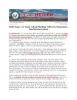 Heller Urges U.S. Senate to Keep Working To Process Nominations, Fund the Government