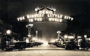 Virginia Street and the Reno Arch at night, Reno, Nevada, circa 1934