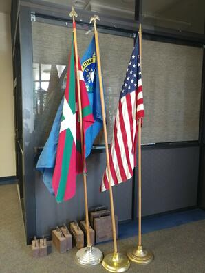 USA, Nevada State and Basque flags in the Visitors Center in Winnemucca