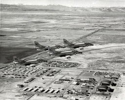 Aerial view of formation of Navy aircraft in the vicinity of NAAS and Fallon, Nevada