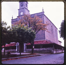 Building with clock tower, view from street