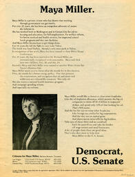 Campaign newspaper highlighting Maya Miller, 1974