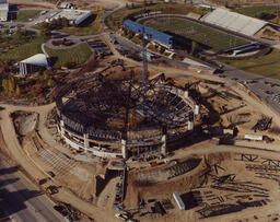 Aerial view of Lawlor Events Center construction, 1983