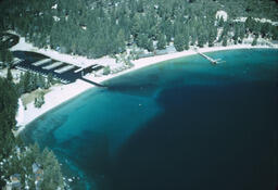 Meeks Bay Marina at Lake Tahoe aerial view, looking South West, ca. 1958-1975