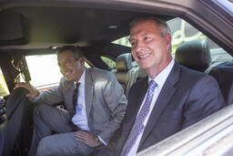 Brian Sandoval and Steve Hill in autonomous vehicle at University of Nevada, Reno
