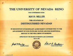 Distinguished Nevada citation given to Maya Miller, May 16, 1981