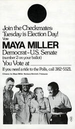 Door hanger advertisement for Maya Miller's U.S. Senate Campaign, 1974