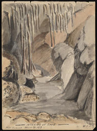 Sketchbook 2, page 23, "Interior of cave" In ink: "First explored March 21, 1879"