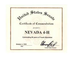 Certificate of Commendation Presented to Nevada 4-H by Harry Reid, Nevada, October 4, 2003