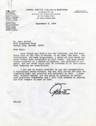 Congratulatory letter from Grant Sawyer to Maya Miller, September 9, 1974