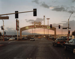 Free Parking sign and sunset at Main Street and Bridger Avenue, Las Vegas